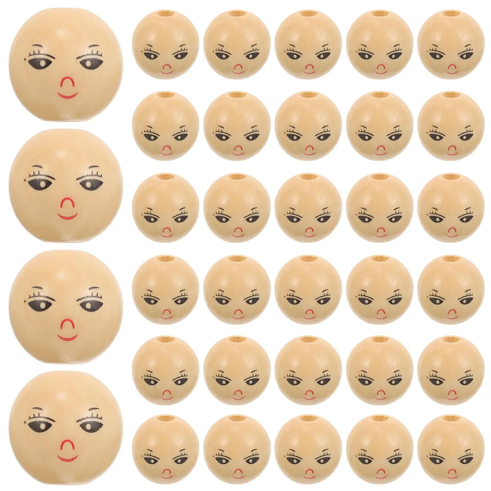 

50 Pcs Round Smiling Head Wooden Beads with Holes for Bracelets Making Child