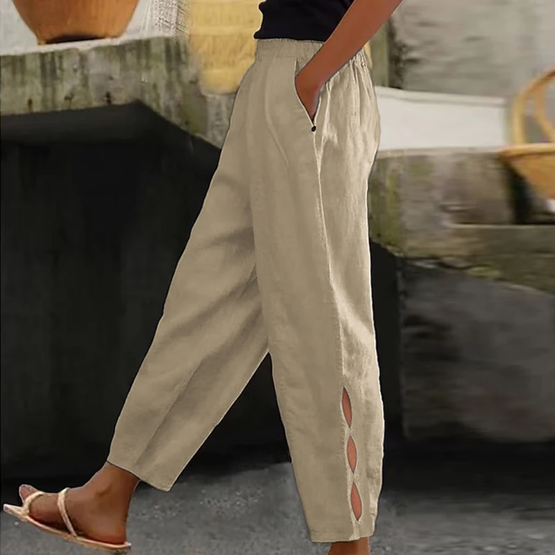 Vintage Fashion Solid Cotton and Linen Pants Women Spring Elastic Waist Pocket Button Trousers Summer Bottoming Hollow Out Pants