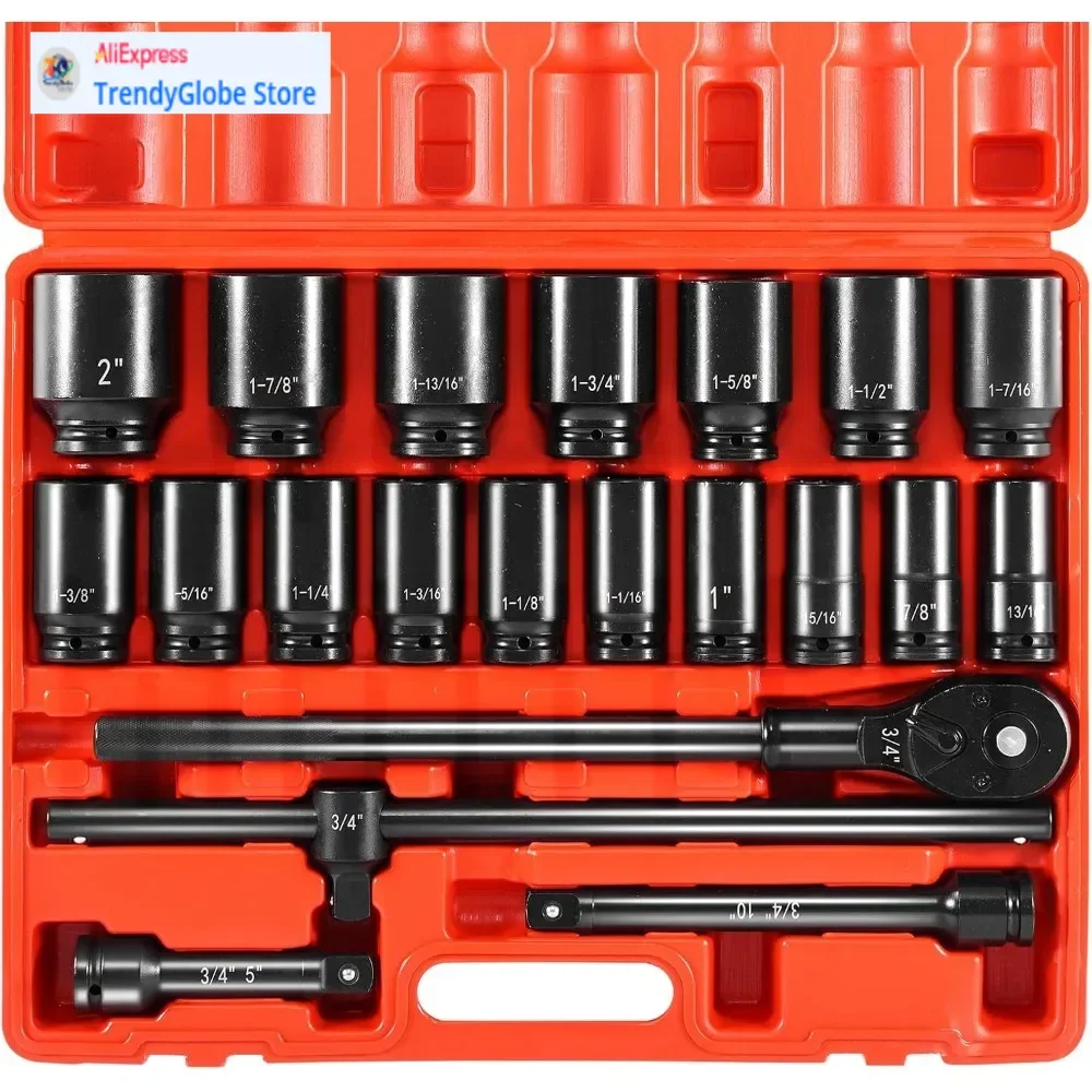 

22-Piece 3/4 Inch Deep Impact Socket Set with 6-Point CR-V Drive for Heavy-Duty Use