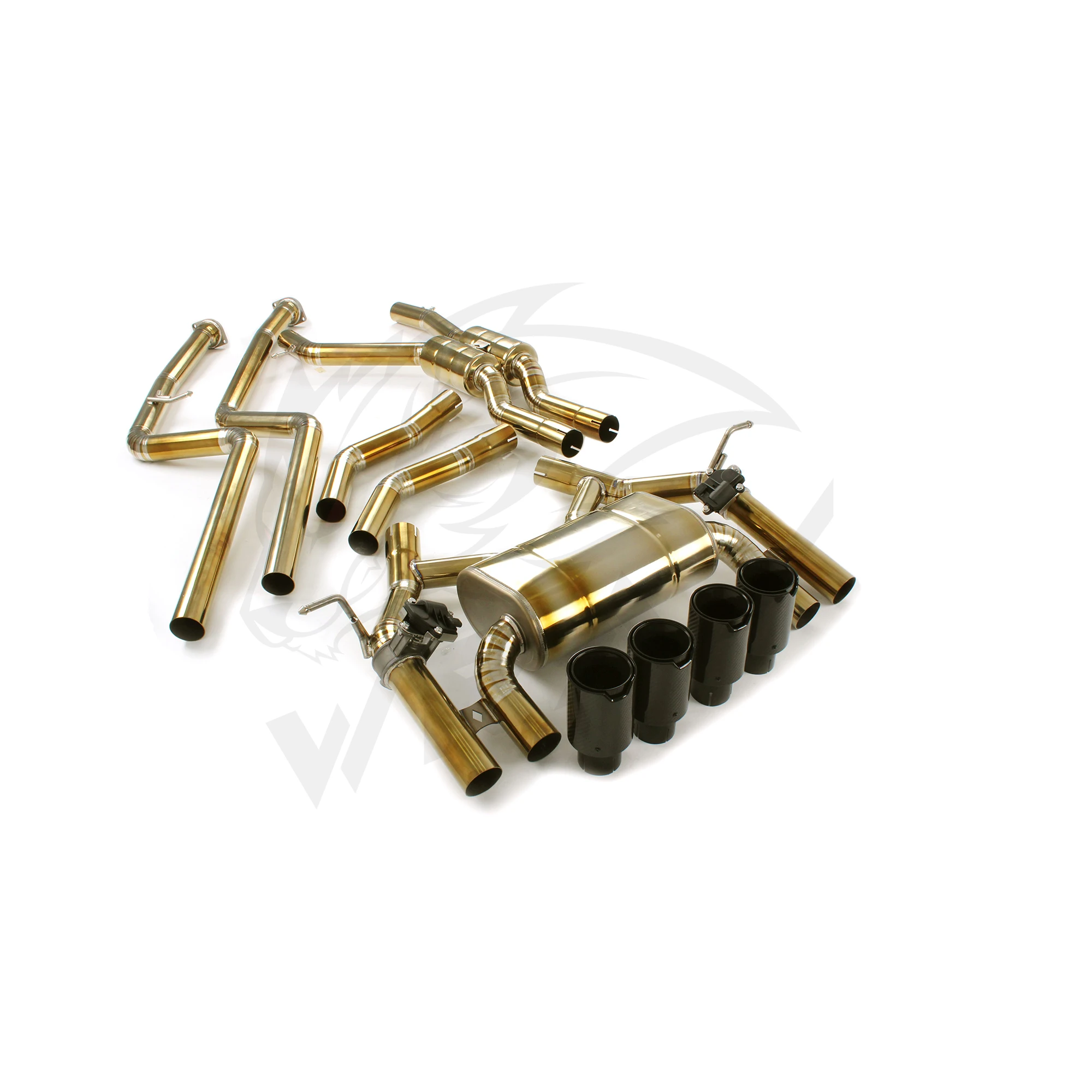 Zestaw do nieniszczącej modyfikacji układu wydechowego WRAX do BMW M3, M4, F80, F82. Złoto-brązowy układ wydechowy ze stopu tytanu z zaworami tłumika