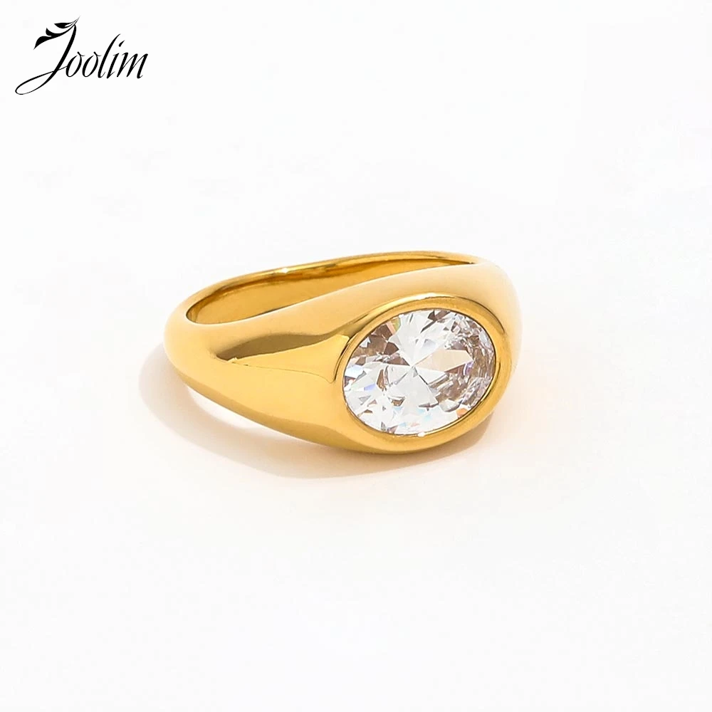 

Joolim Jewelry Wholesale High End PVD No Fade Hypoallergenic Simple Fashion Oval Zirconia Stamp Stainless Steel Ring For Women