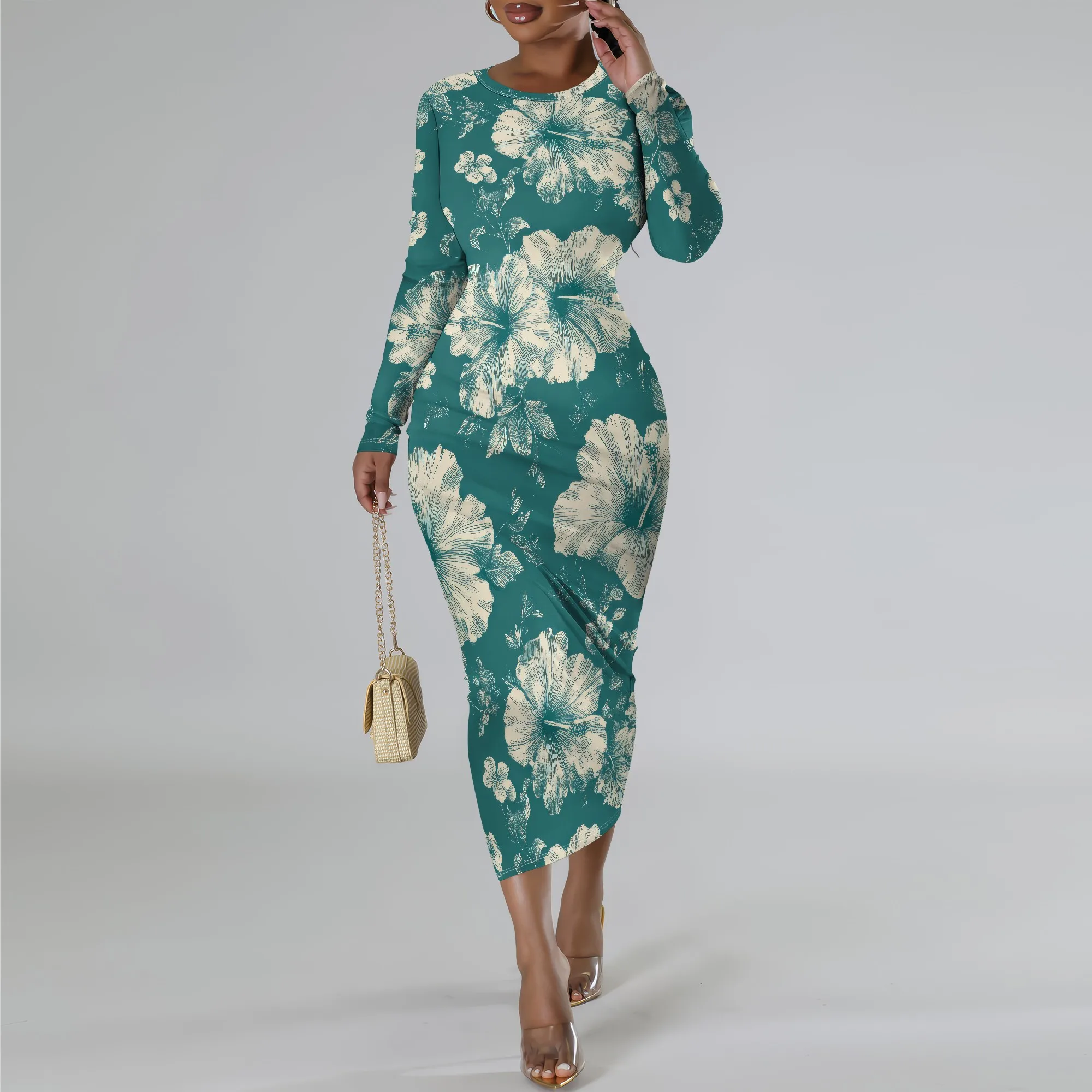 Abiti da ospite di nozze per donna Casual girocollo manica lunga autunno increspato aderente inverno trendy party club maxi abiti lunghi