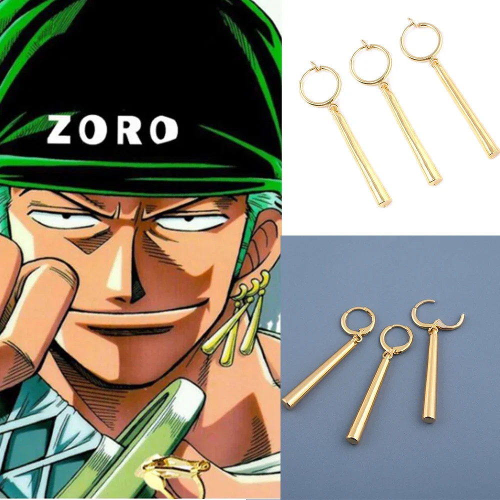 

3 Style Anime Roronoa Zoro Cosplay Earrings Prop for Women Men Long Column Pendant Drop Earrings Ear Clip Friends Gift