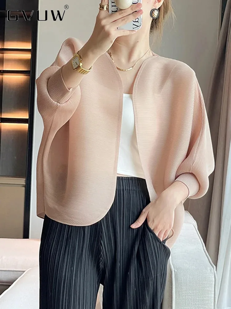 GVUW Pleated Jackets Women V Neck Batwing Sleeve Open Stitch Solid Color Versatile Fashion 2024 Autumn New Clothes 17G3327