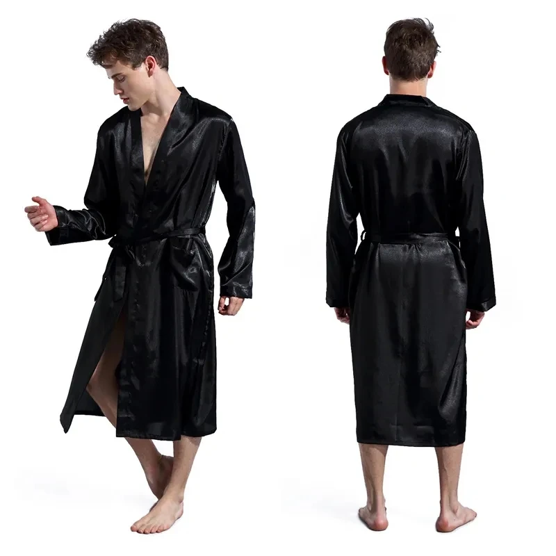 Men\'s V Neck Satin Robe Kimono Long Bathrobe Pajamas Nightgown Sleepwear Christmas Robe for Wedding Party T40