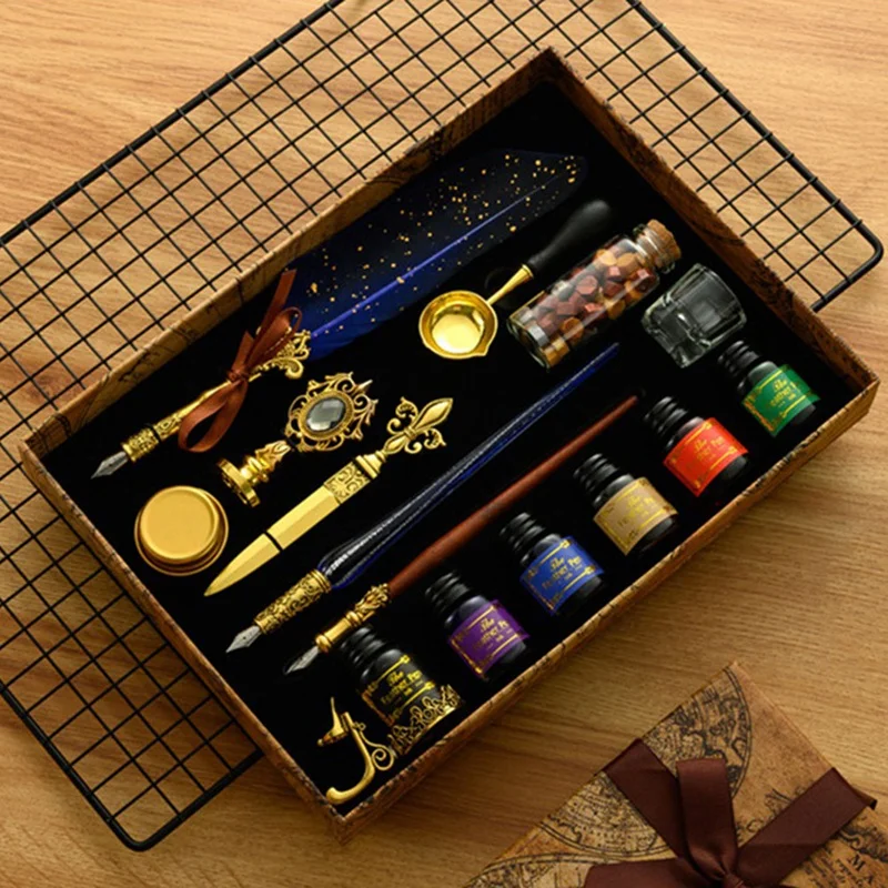 16 Stuks Antieke Veer Dip Kit Retro Houten Dip Pen Set Klassieke Lakzegel Stempel Kit Voor Kalligrafie Kunstwoorden Geschenken