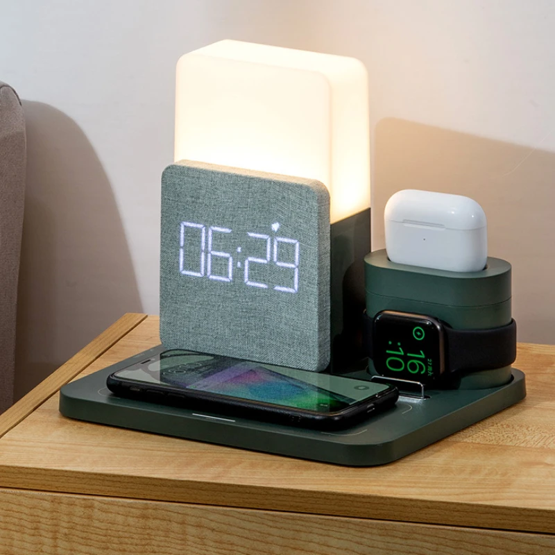 Multifunctional Fast Charging LED Lamp Bedside Lamp Alarm Clock Table Lamp Wireless Charging Station Watch Earphone Charging