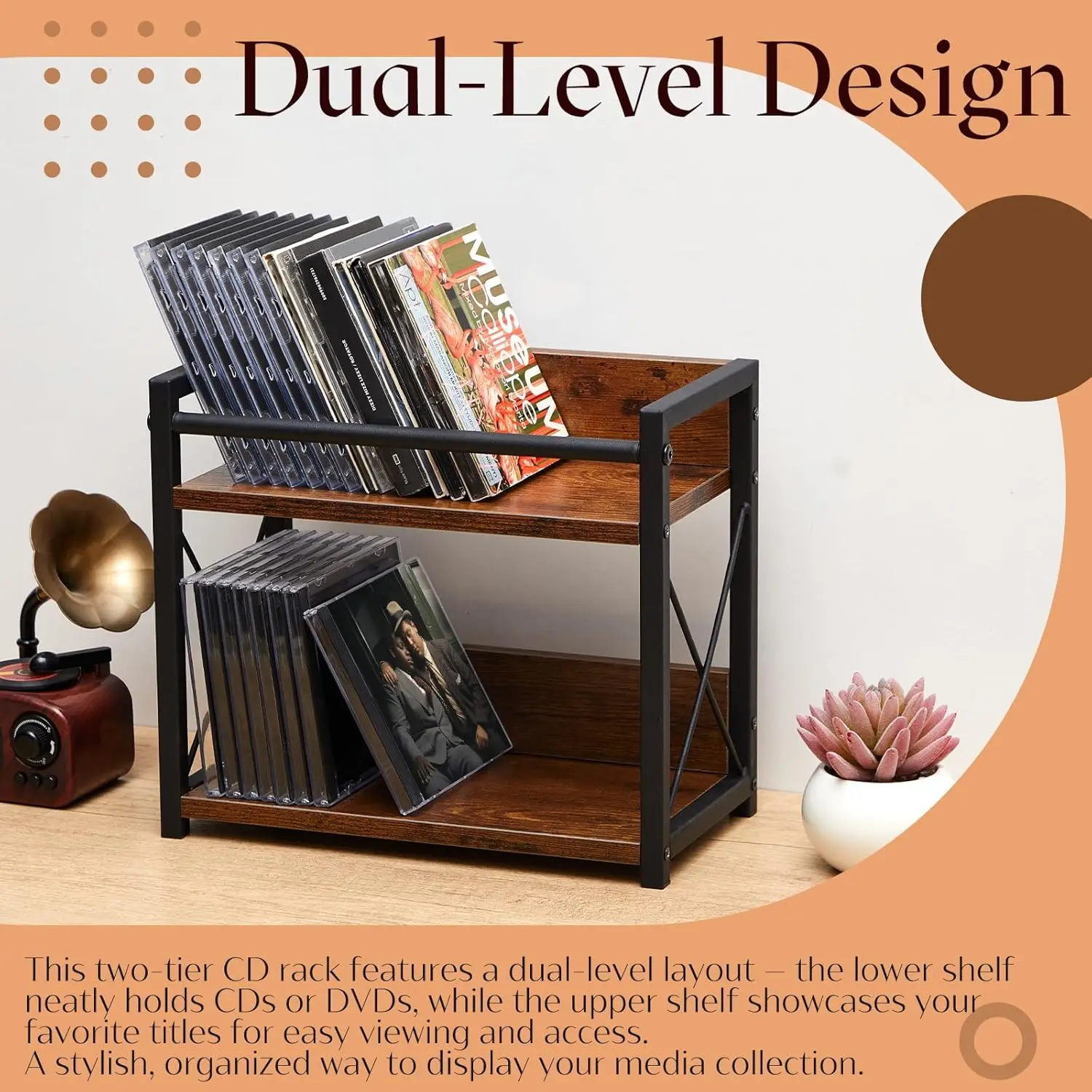 2-tier CD Storage Holder CD Storage Shelf for Display Countertop Wooden DVD Rack with Display Top Shelf Organizer for Home Offic