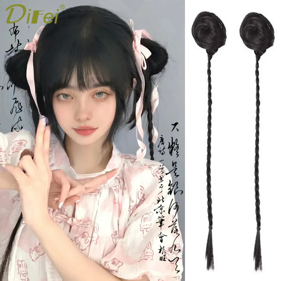 2PC Claw Clip Doughnut Bun Synthetic Wig Female Panda Girl Cute Holiday Lolita Claw Clip Small Doughnut Bun With Braid Wig