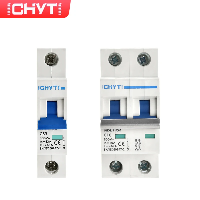 

CHYT NBL7-63 DC MCB 1P 2P 300V 600V 1000V 63A 6kA Solar PV C Curve Switch Mini Circuit breaker