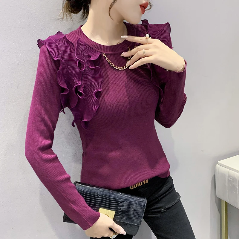 MadBlack-Women's European Sweater, Sexy O Neck Chain Ruffles Top, Streetwear Long Sleeve Slim Knitwear, Autumn Winter T4D235CC