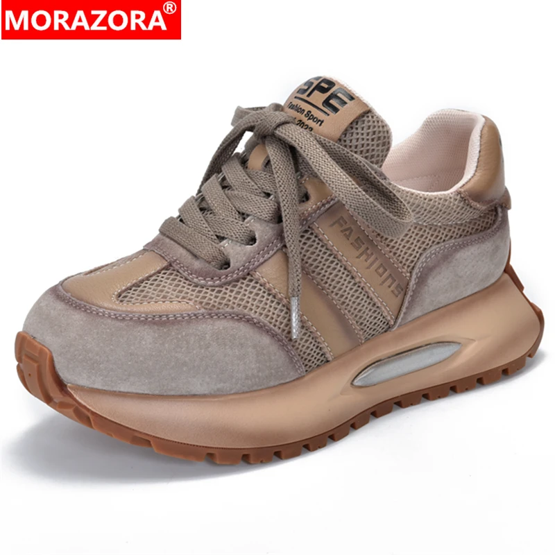 

MORAZORA 2024 New Genuine Leather Shoes Women Sneakers Lace Up Platform Shoes Mixed Color Spring Summer Ladies Casual Shoes