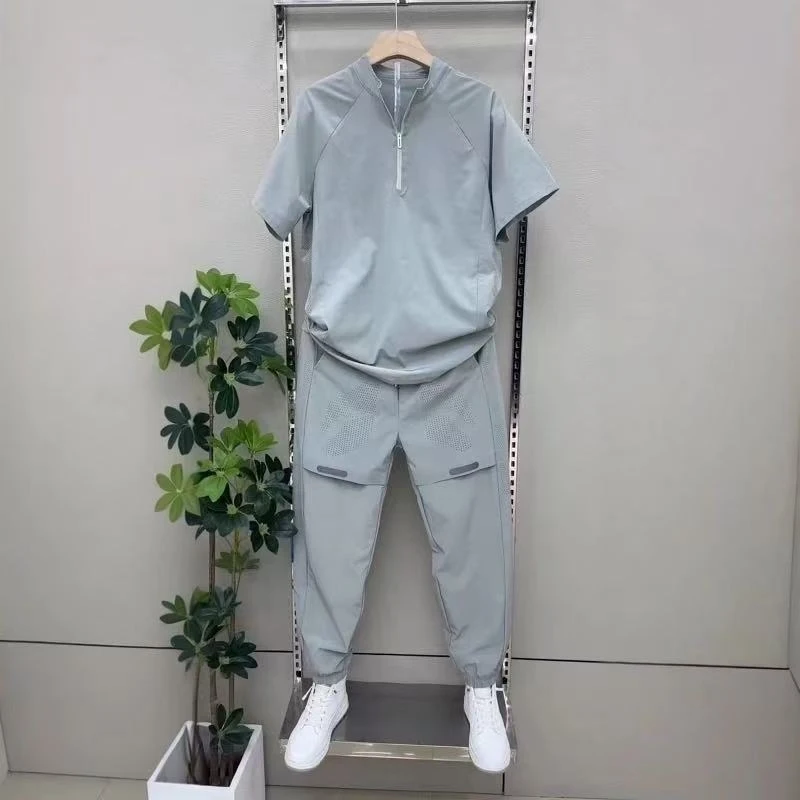 New Men 2 Piece Set Half Zip Stand Collar Loose Quick Dry Breathable Short Sleeve T Shirt Sports Pants Casual Tracksuit - view 2