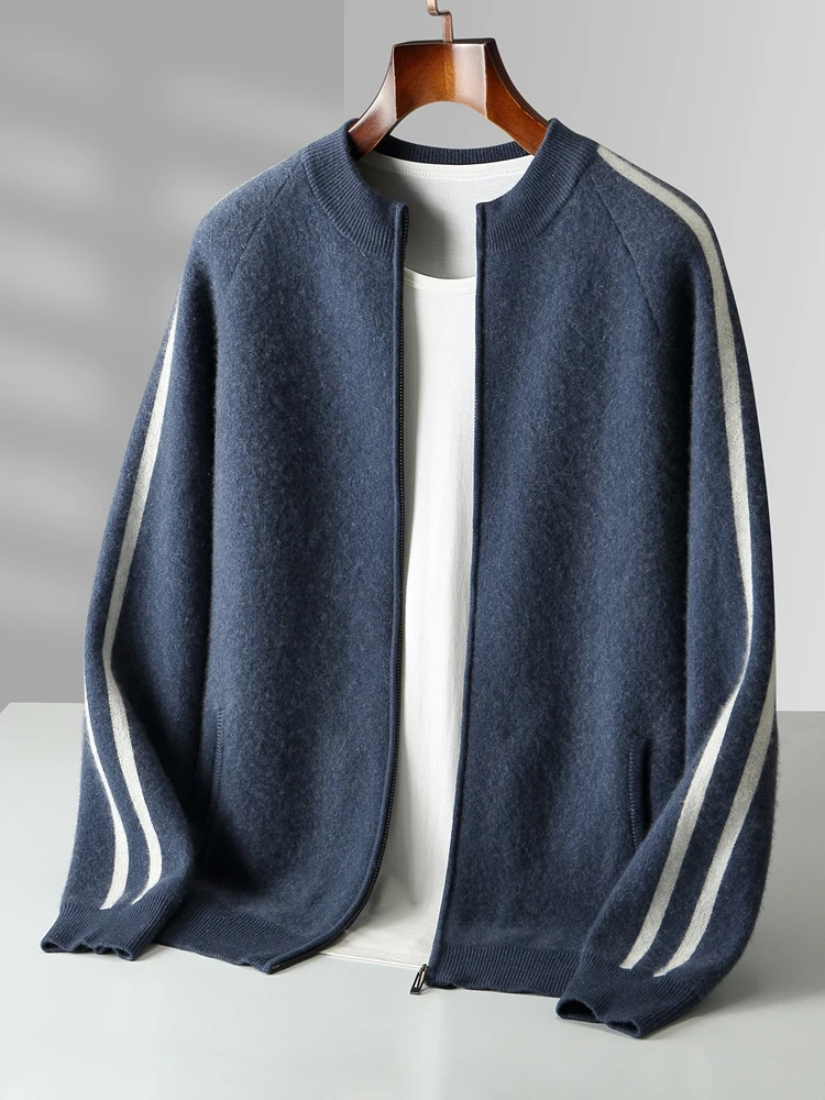 

Men's Sweater Jacket 100% Merino Wool Cardigan Clothing Autumn Winter Sweater Casual Zip Warm Jacquard Color Collision Knit Coat