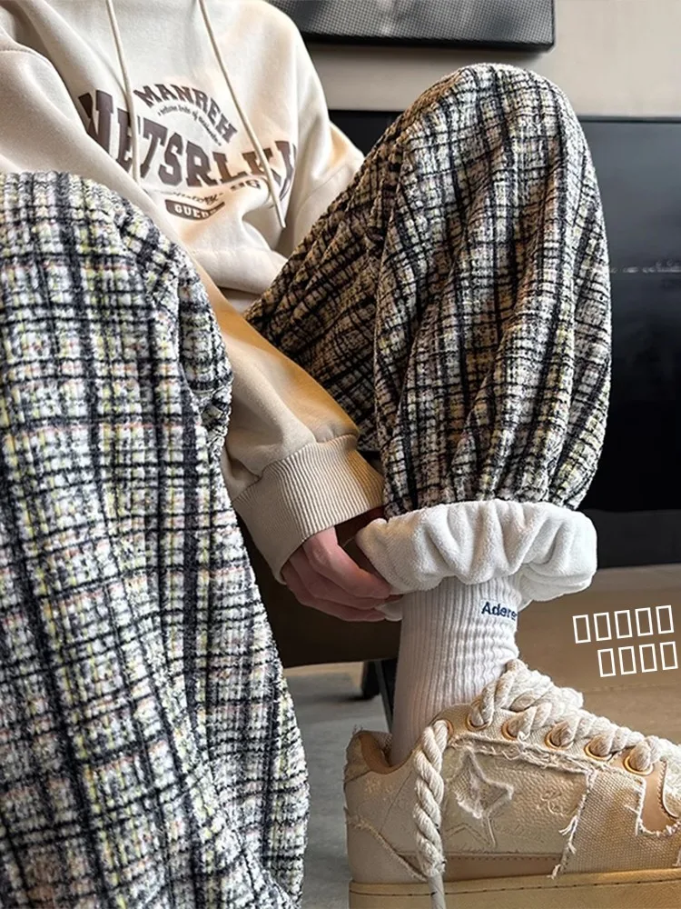 

Мужские повседневные брюки из утолщенного фланеля в клетку, с эластичной талией, свободного кроя, длинные, модные, трендовые, зимние, для отдыха