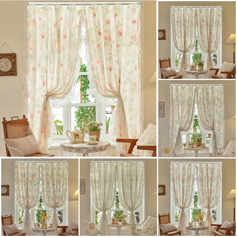 

2025 New Embroidered Floral Lace Curtains Antique White Sheer Tulle for Kitchen Window Modern Voile Drapes French Country Decor