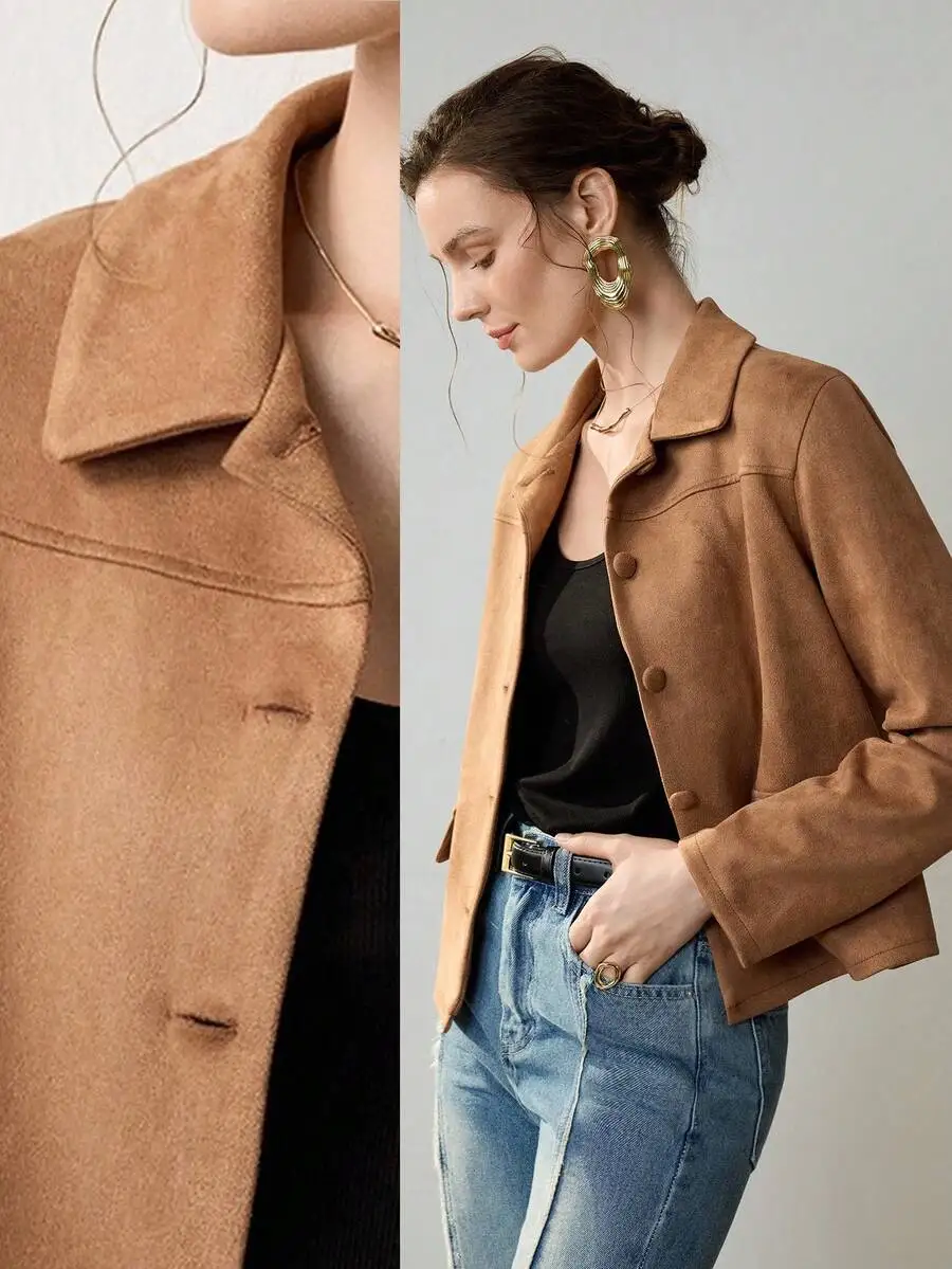 

Women's Camel Faux Suede Retro Blazer with Button Closure and Faux Pockets