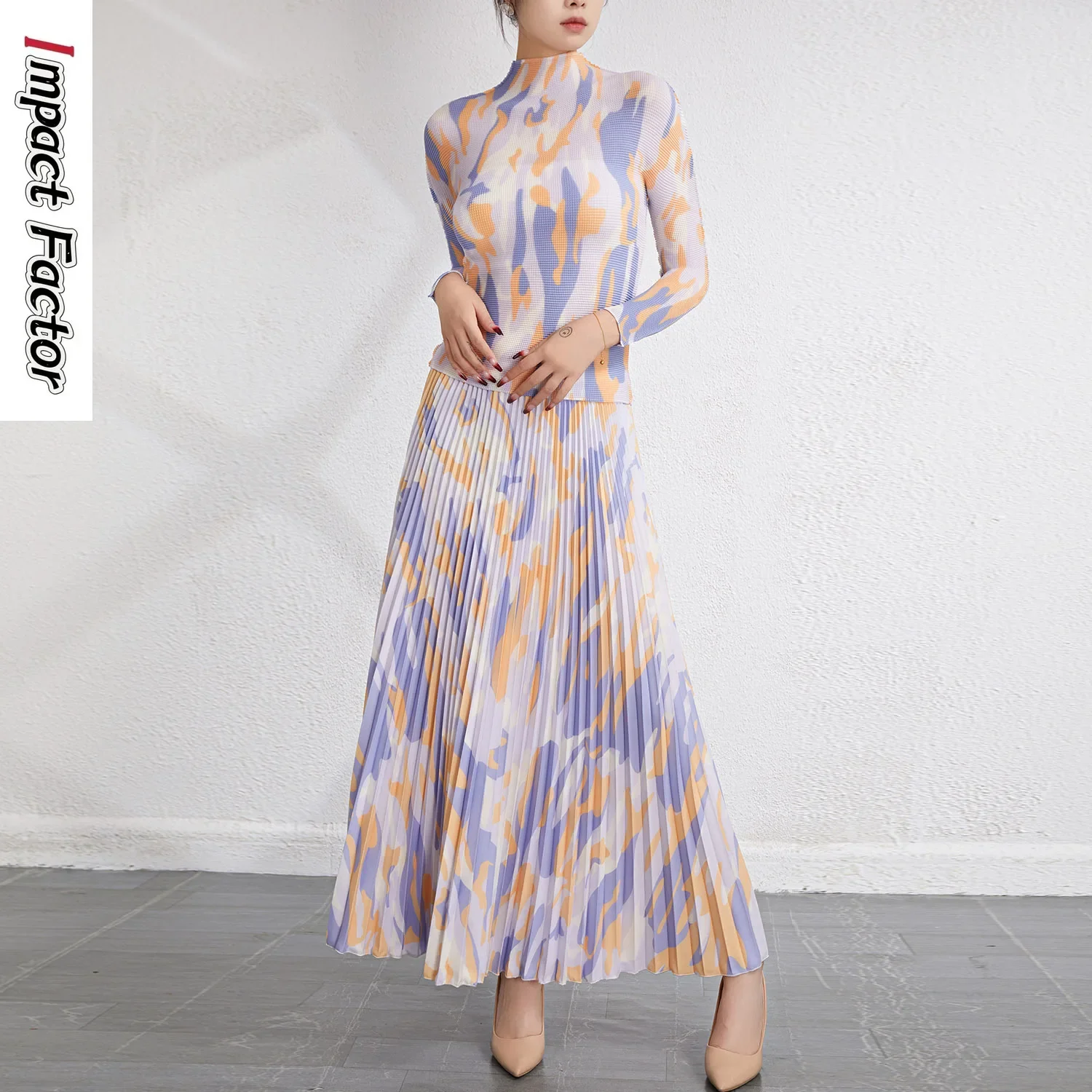 

Miyake Women's Fashion Casual Set Skirt Spring and Autumn New Style Pleated Standing Neck Long Sleeve Top Half Skirt Set