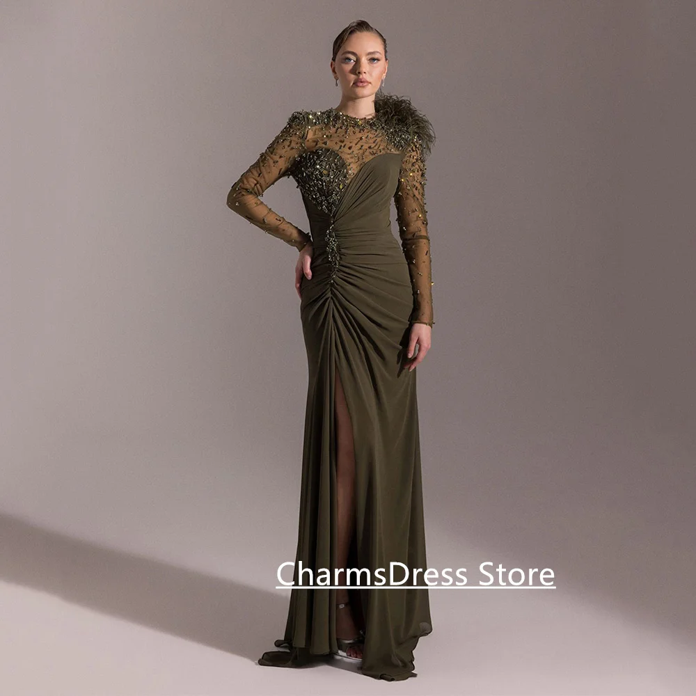 فستان حفلة موسيقية عنابي مخصص بأكمام طويلة مطرز بالترتر من الشيفون فساتين سهرة بطيات من الريش المقسم #4