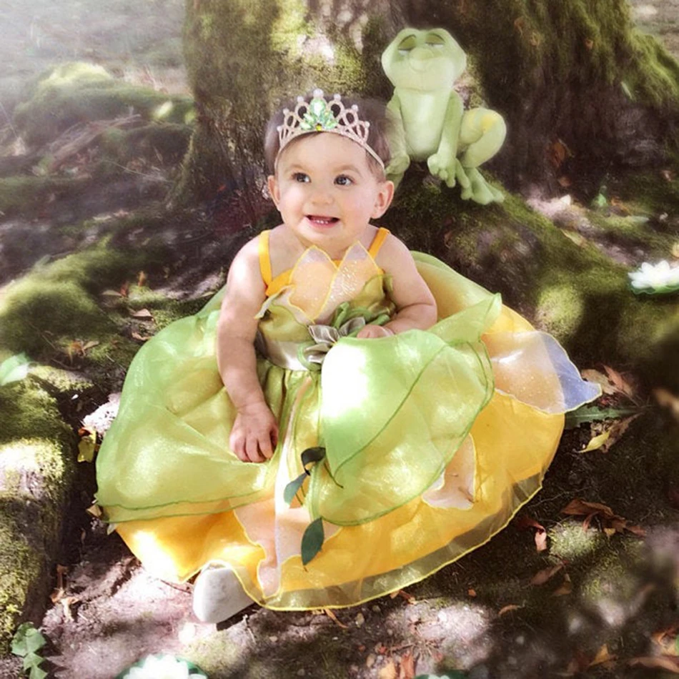 Girls Princess Tiana And The Frog Cosplay Dress Luxury Flower Applique Sling Frocks Kids Princess Theme Birthday Party Costume