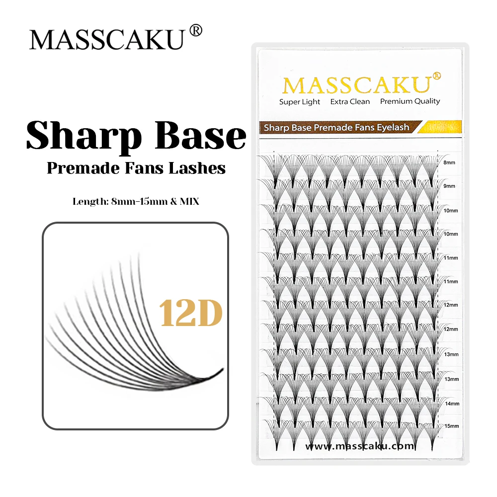 

Hot Sale MASSCAKU Individual Matte Black Narrow Root Thin Stem Lashes C D Curl Natural Looking Sharp Base Premade Fan Lash Trays