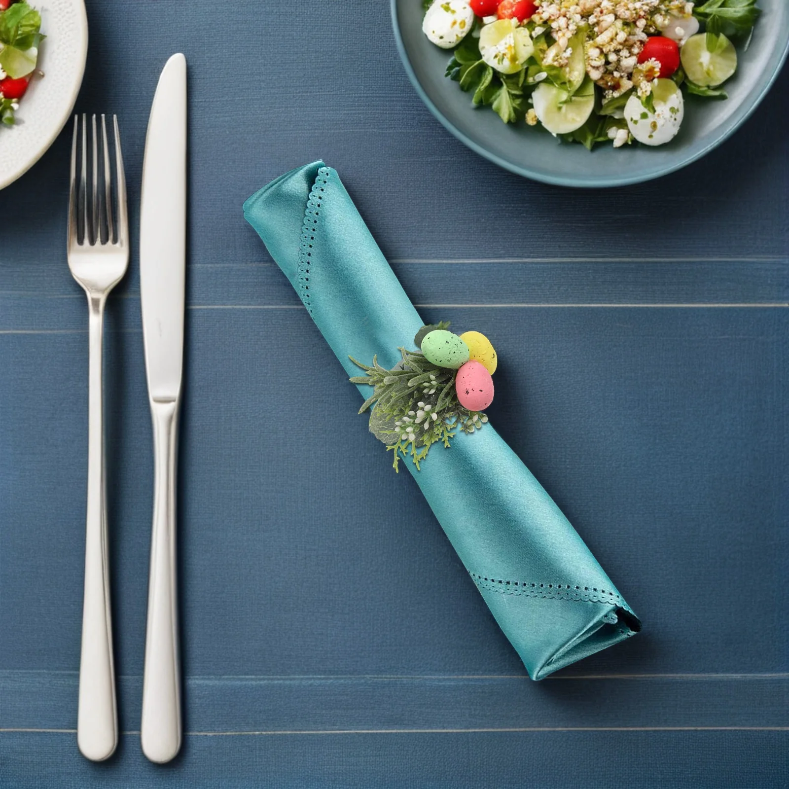 6Pcs Easter Napkin Rings with Artificial Foam Eggs Green Leaves Elegant Napkin Holder for Tea Party Hotel Restaurant Decor