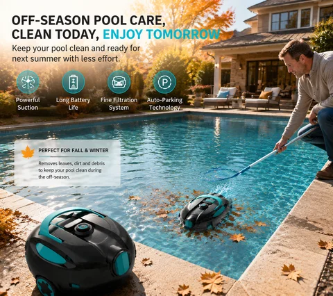 HIXZAP Cordless Robotic Pool Cleaner Features an Ultra‑Long 130‑Minute Battery Runtime, IPX8 Waterproof Rating and Powerful Suction. It Can Clean Pools up to 1,100 Square Feet. Equipped with a Retrieval Rope and Cleaning Brushes, It Is Suitable for Autumn