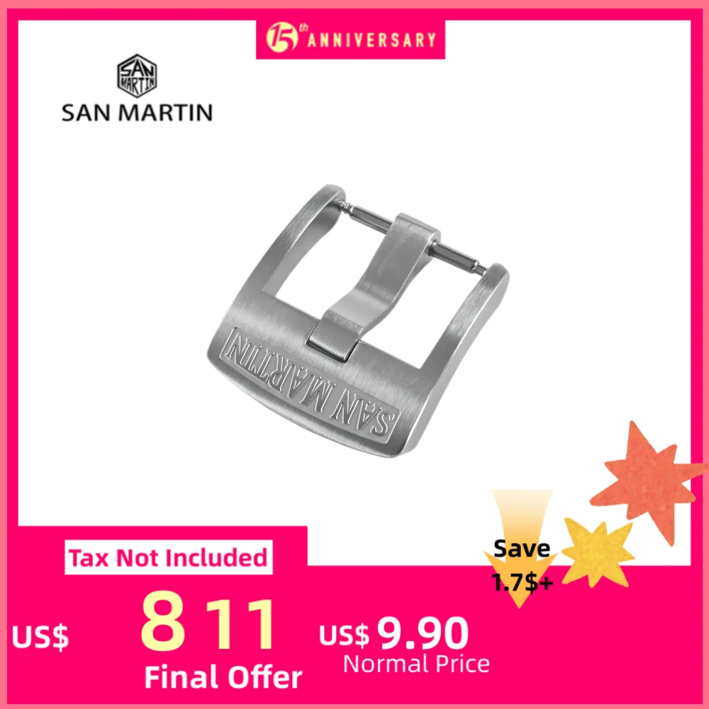 San Martin – fermoir de montre, 20mm, Logo brossé, boucle ardillon, en acier inoxydable 316L, pour bracelets de montre, accessoire de remplacement de haute qualité