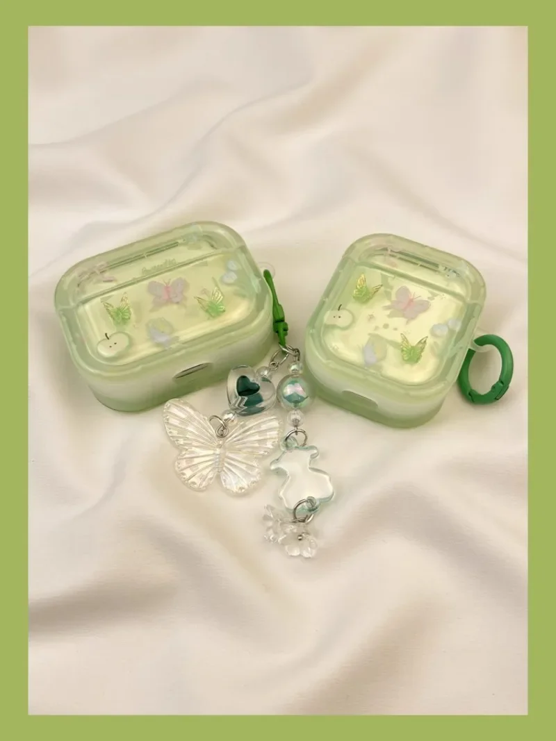 Zomergroene kubieke vlinderhoes voor Airpods1/2/3/pro Draadloze Bluetooth-hoofdtelefoonhoes met prachtige armband Mode-sieraden