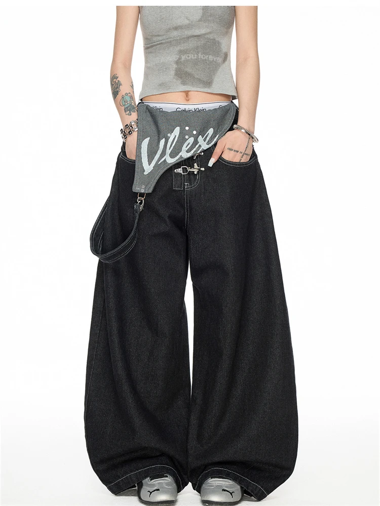 Women's Detachable Black Overalls Street Jumpsuits High Waist Casual Baggy Pants Wide Leg Sweatpants Straight Unisex Trousers