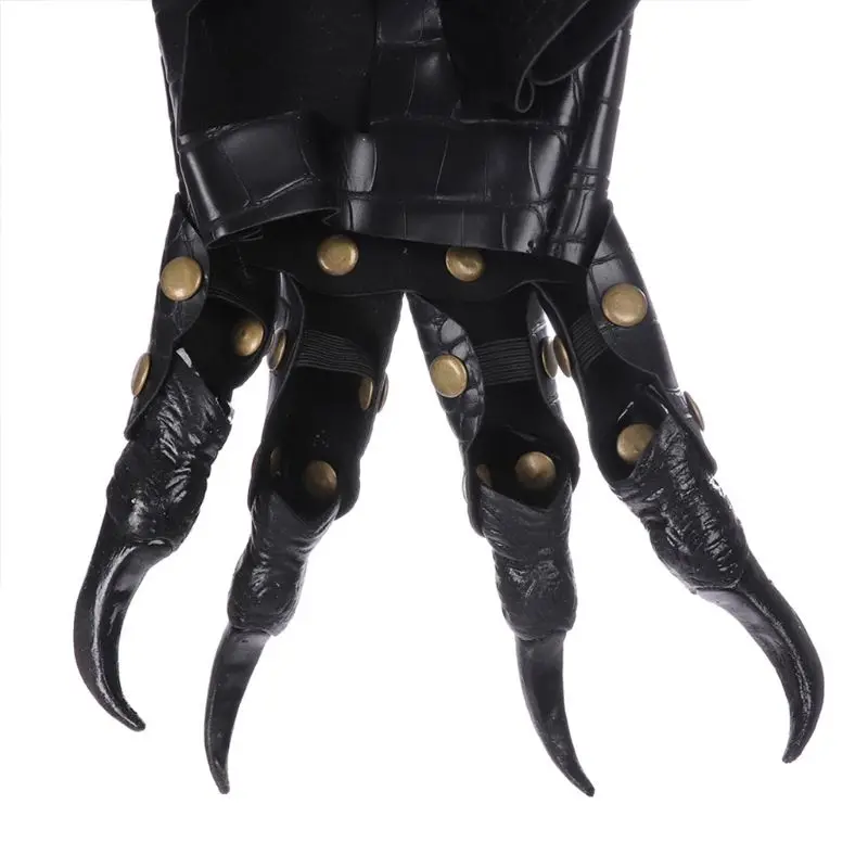 Unisex Gothic Punk Halloween Dragon Claw Gloves Metal Studded Long Finger Nail Faux Leather Mittens Cosplay Costume