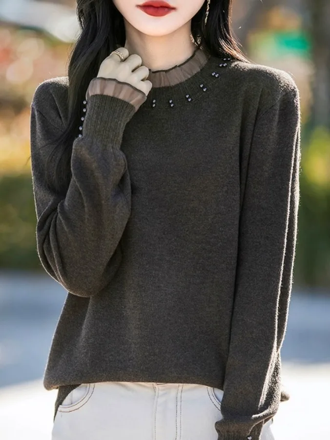 الراقية الأوروبية Sle المرأة محبوك سترة الدانتيل Camere f عالية طوق مطرز عادية Faion لينة طويلة Sve