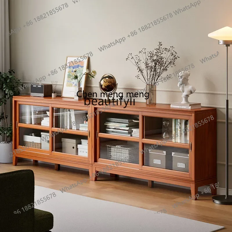 American solid wood short, floor-to-ceiling living room home bookshelf with glass door, low cabinet sliding door