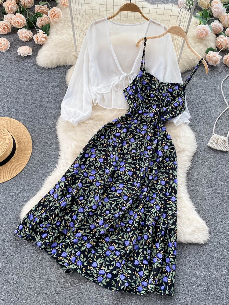 女性の夏の花のドレス,休暇のスタイル,シフォンの日焼け止めシャツ,一時停止されたドレス,人気の2ピースセット
