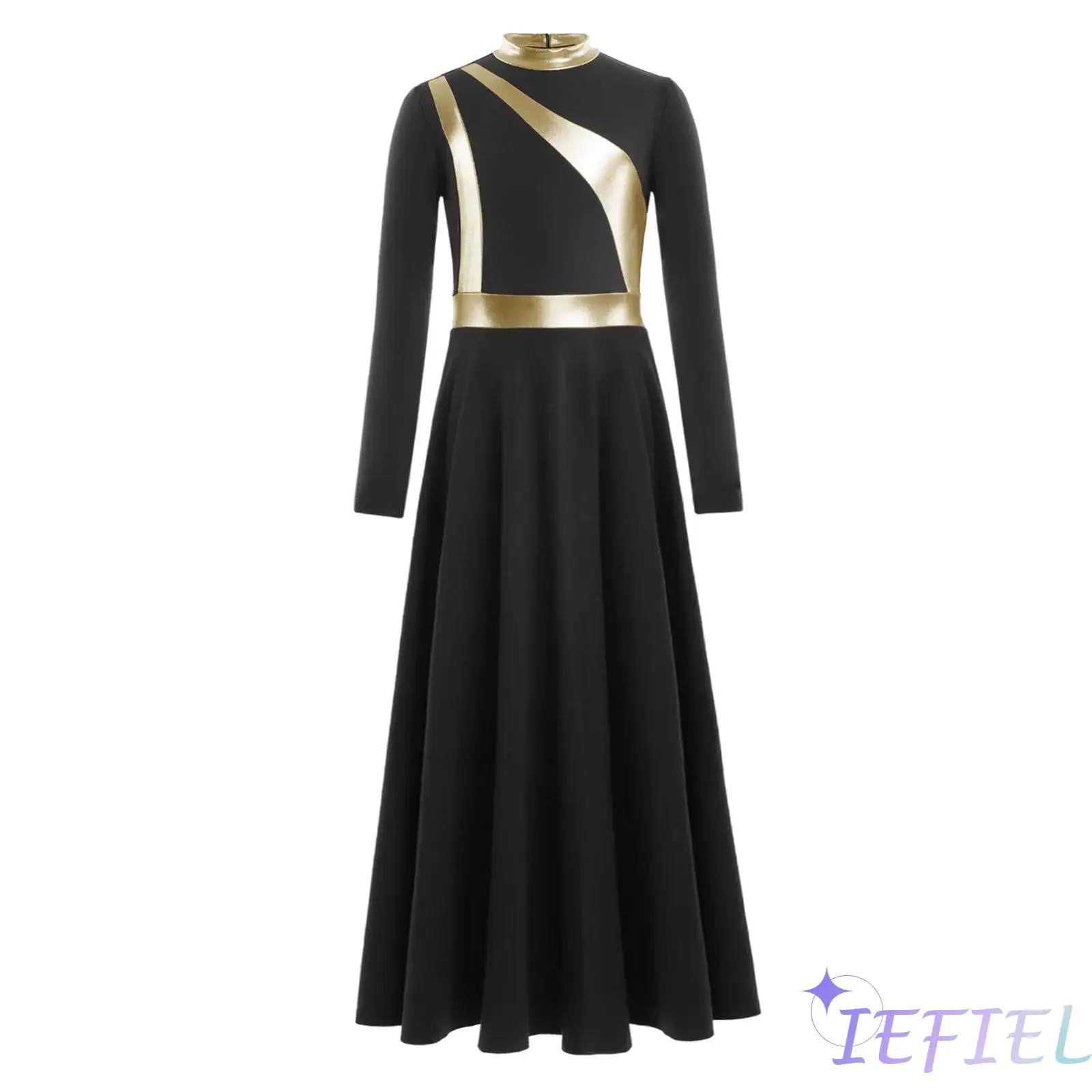 

Girls Praise Lyrical Dance Dress Church Choir Liturgical Costume Metallic Patchwork Long Sleeve Back Zipper Ankle Length Dress