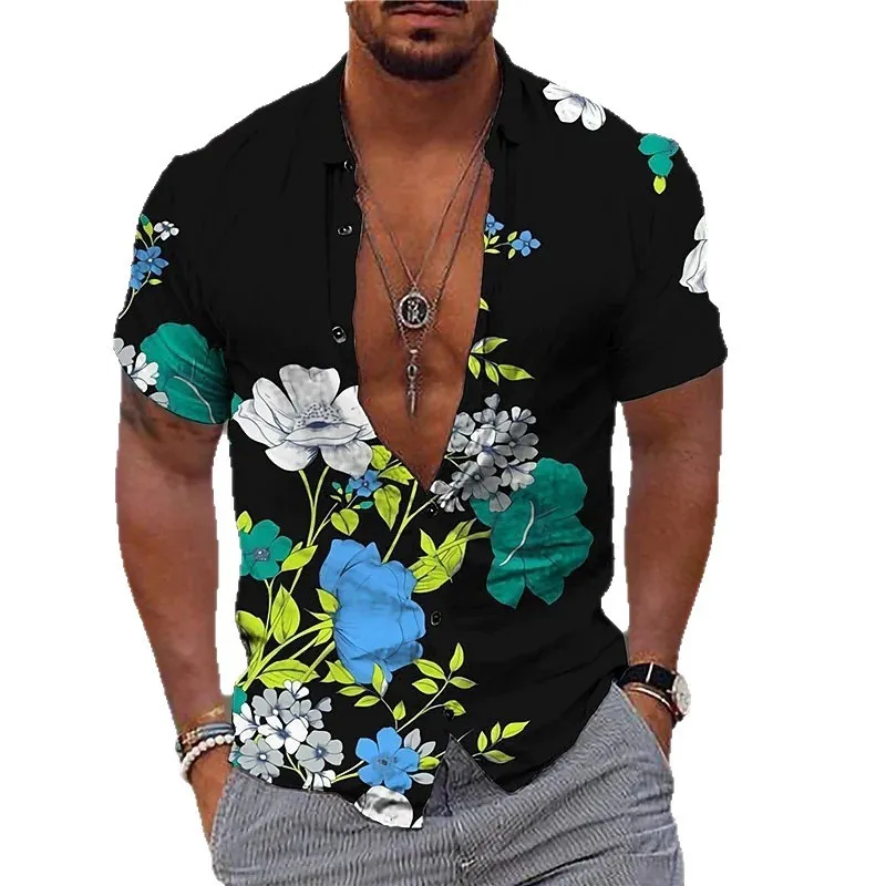 Chemise à fleurs hawaïennes pour hommes, motif tropical, paysage de l'île, chemise à manches courtes ample pour les vacances, séchage rapide