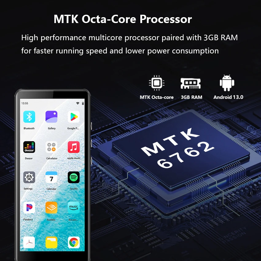 Lettore MP3/MP4 Android 13 Con WiFi E Bluetooth – 3GB RAM, 32GB ROM, Schermo Touch 4 Pollici, Spotify, Audible E Play Store, Batteria 2000mAh