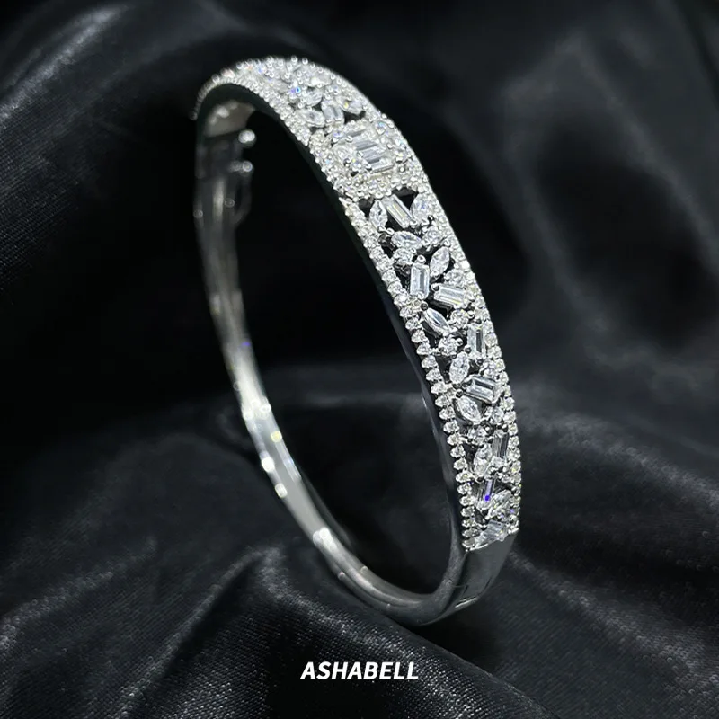 

S925 Rhodium Plated 58*51mm Filigree Moissanite Solid Bangle, Elegant Women's Jewelry Gift