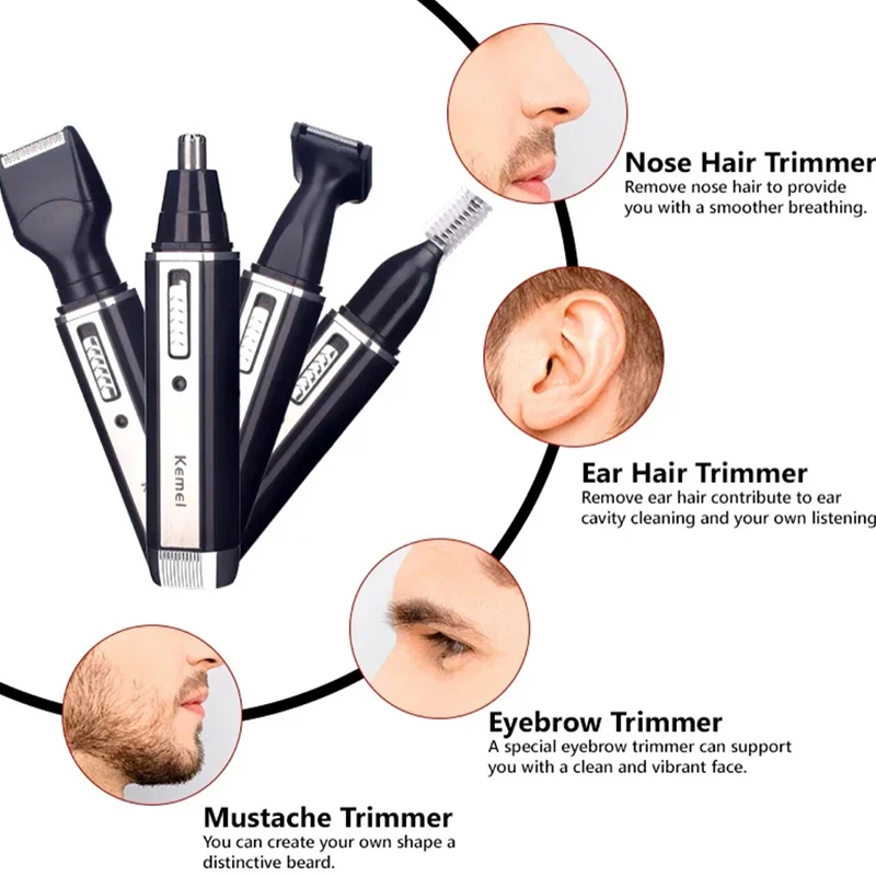 Kemei 4 In 1 Professional ชาร์จจมูกและหูผม Trimmer เครื่องโกนหนวด Personal Care เครื่องมือสําหรับชาย KM-6630