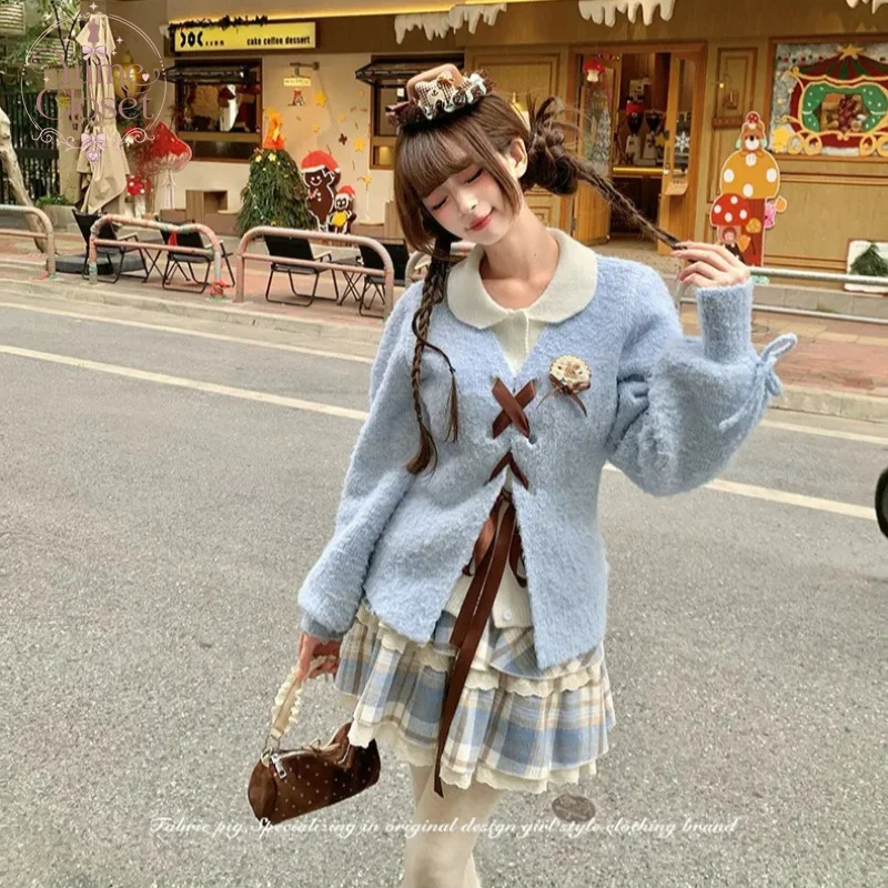 Japanese Vintage Coquette Women Blue 2-in-1 Peter Pan Collar Puff Sleeve Bow Tie Knit Cardigan Loose Casual Winter Tops Outfit