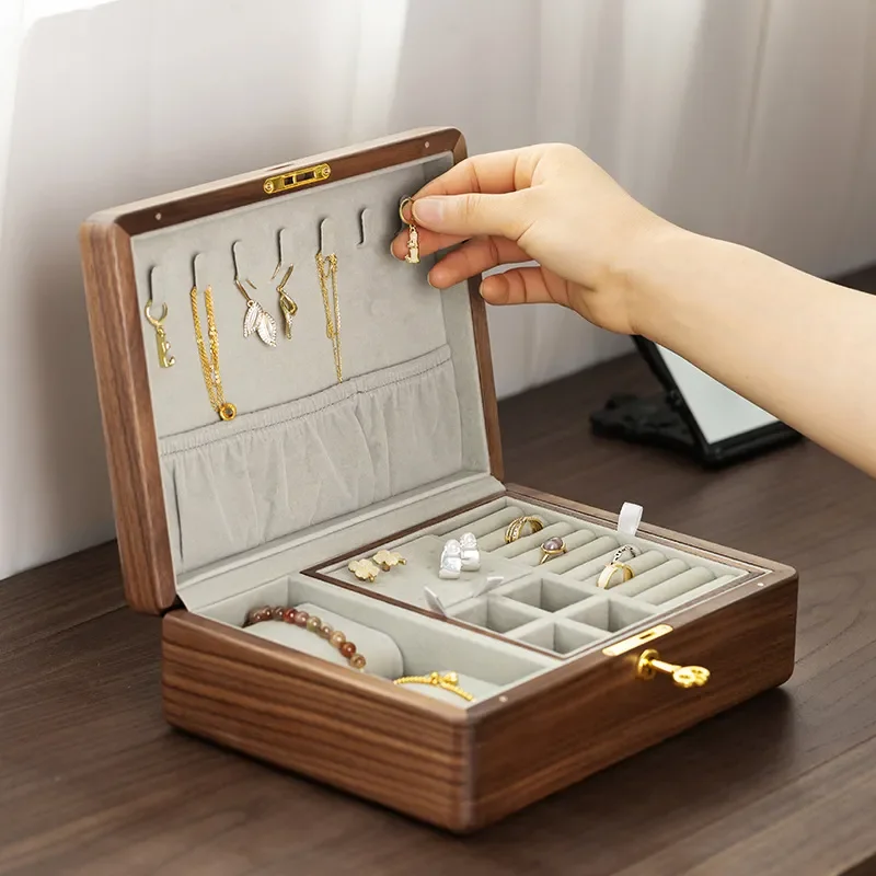 Black Walnut Solid Wood Jewelry Box for Rings Necklaces Earrings Desktop Organizer Double Layer Storage Case Home Decor Gift