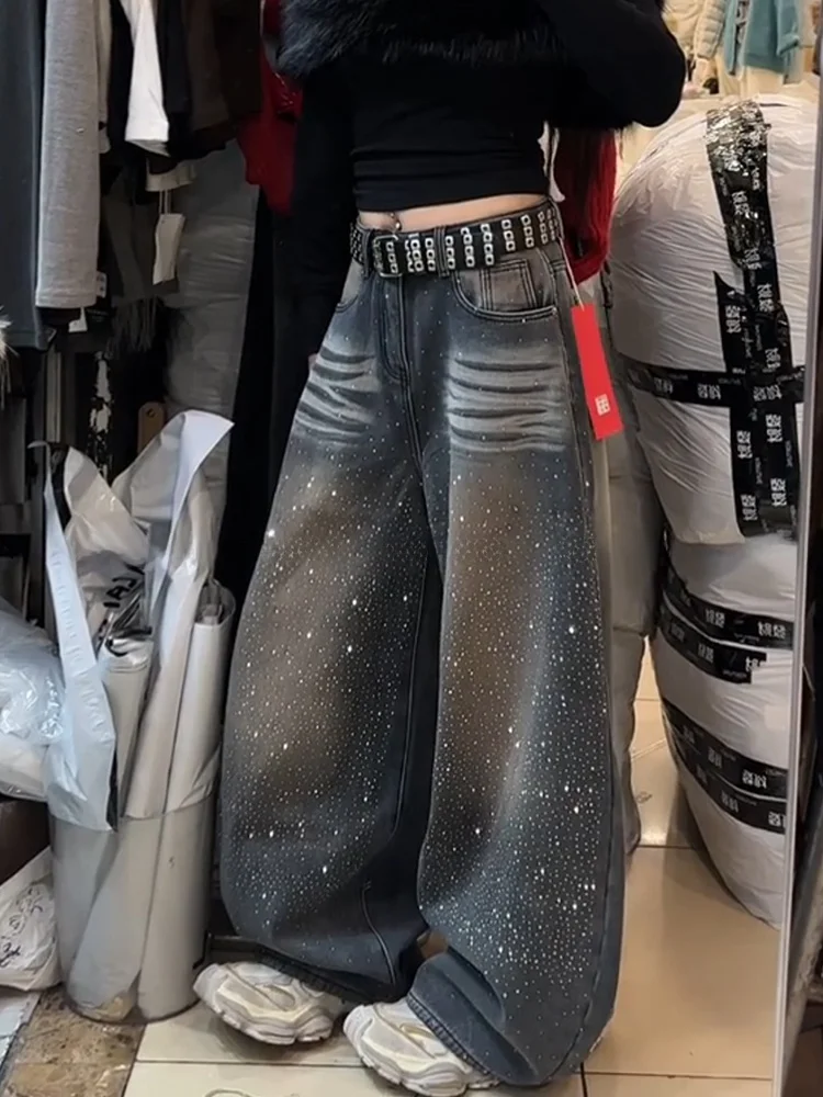 

Loose High Waist American High Street Lazy Feeling Jeans Women's Spicy Star Bright Diamond Splicing Floor-Length Knife Pants