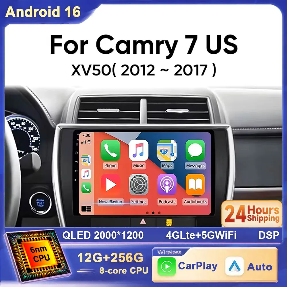 Android 16 Car Radio For Toyota Camry 7 XV 50 55 US Version 2012-2017 Car Radio 4G WIFI Multimedia Video Player Navigation GPS