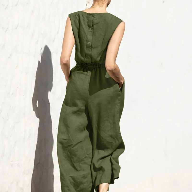 New Cotton And Linen Jumpsuit Women Solid Sleeveless Pocket High Waist Wide Legs Jumpsuits Casual Commuting Ladies Bodysuits