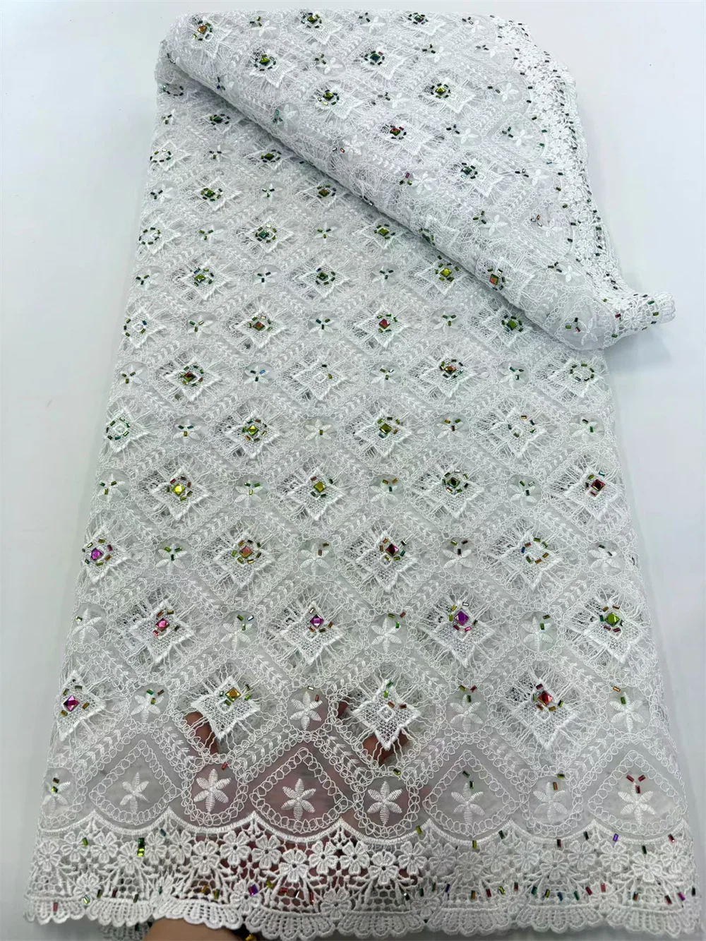 

2025 White African Chiffon Cord Sequins Lace Fabric 5tyards Nigerian High Quality Stones Lace Fabric For Bridal Dresses Hm77-1