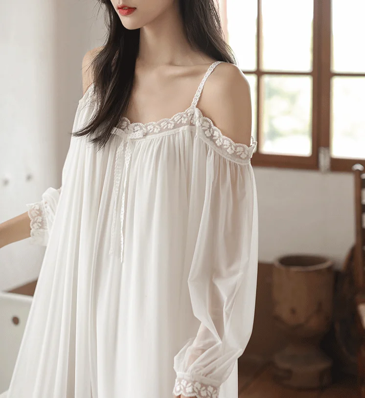 

Romantic Fairy Pure Desire Shoulder Bared Lace Long Dress Nightgown Lazy Sleepwear Drifting Silken Sleep Clothes for Youth