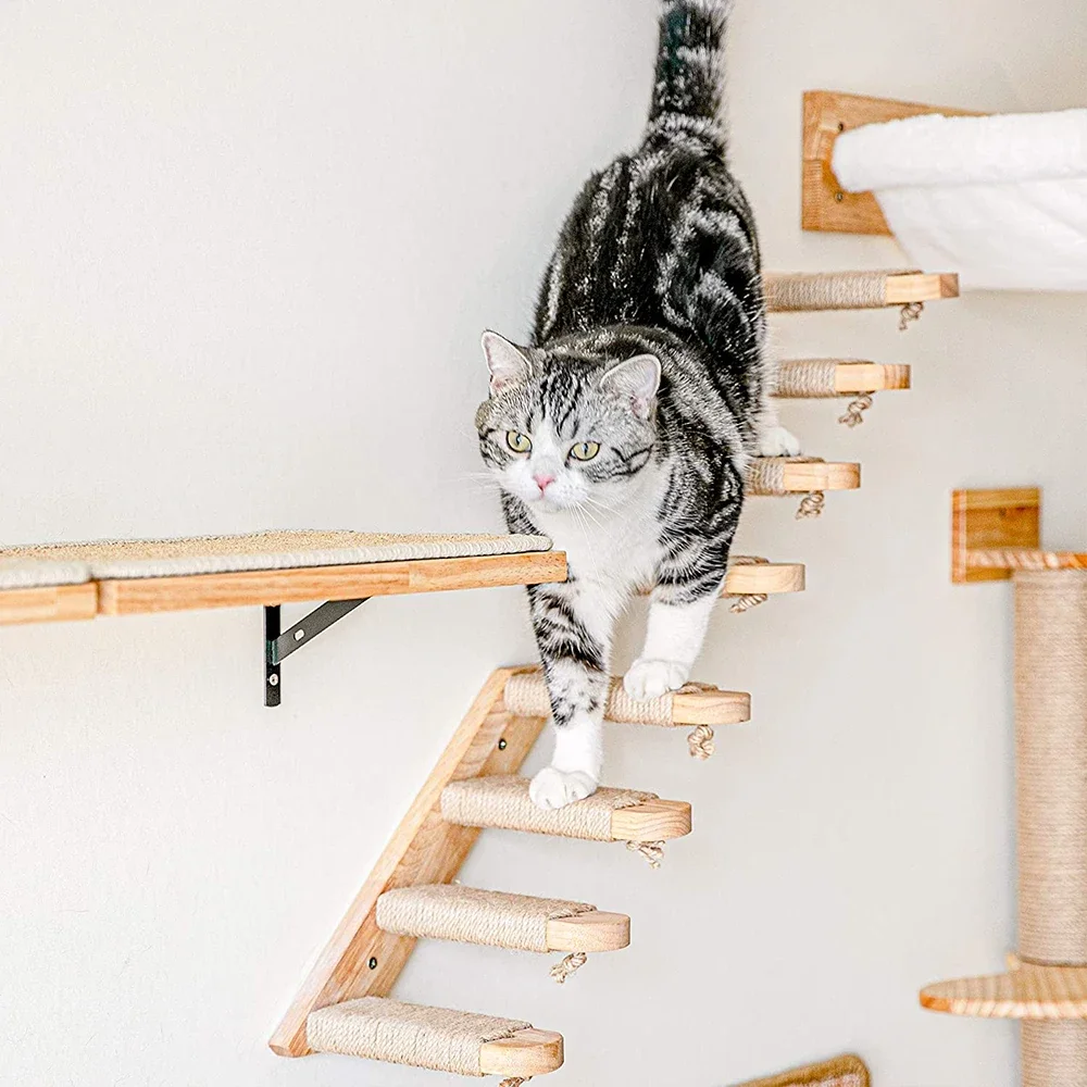 1 Piece Wall Mounted Cat Climbing Shelf Hammock Stairway For Indoor Cats Wooden Hanging Bed Scratching Post Pet Furniture Kitten