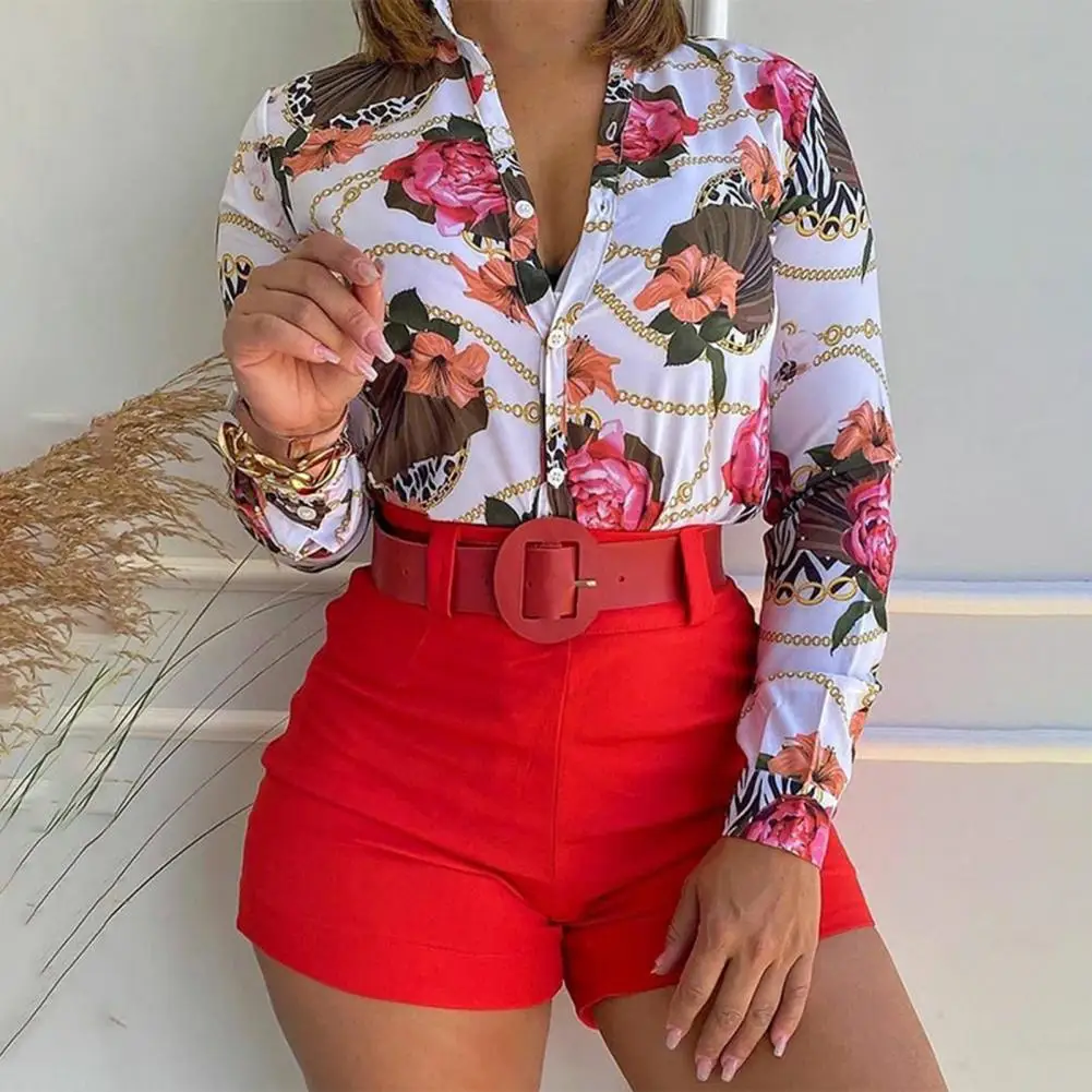 Women\'s Shorts Suit Summer Fashion Sexy V Neck Long Sleeve Shirts Slim Wear A Belt Elegant Female Blouse Office Two Piece Set