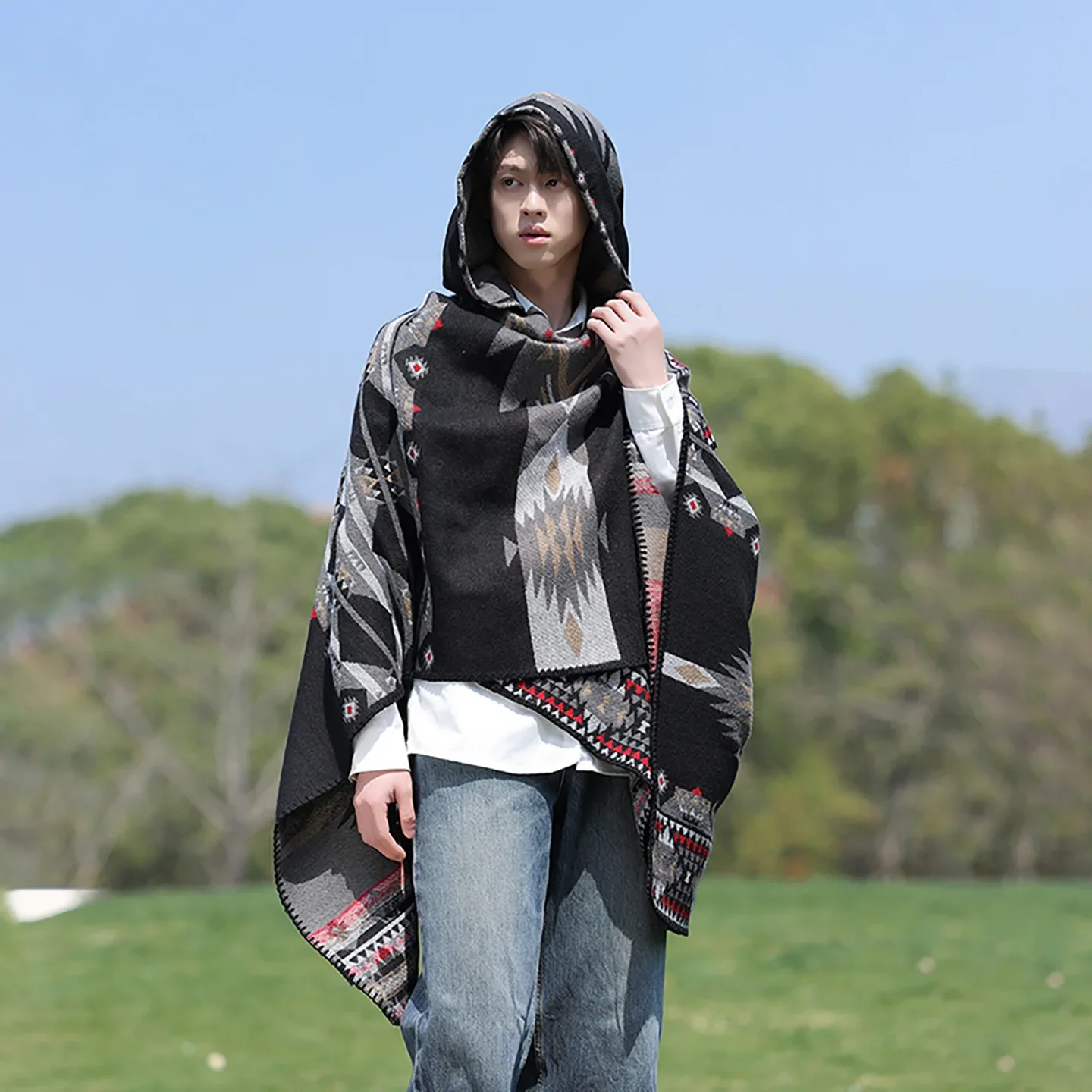Poncho con Capucha y Bufanda Integrada para Hombre, Estilo Abrigo, Casual y Moderno para Primavera/Verano, para Hombre y Mujer