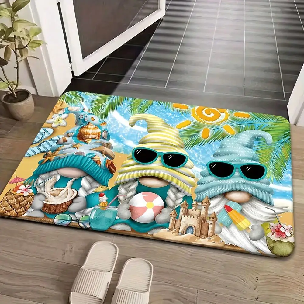 1pc Ultra-Soft Flannel Material Non-Slip Mat, A Fun Summer Door Mat Featuring A Beach Shell Floral Gnome Design, Machine Washable And Colorfast, Suitable For